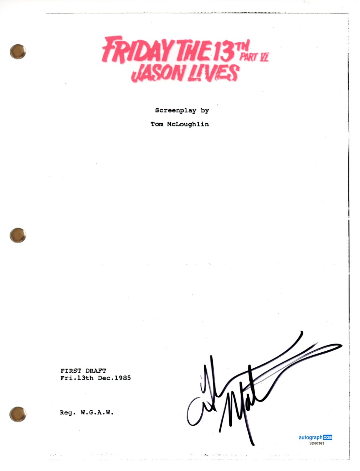 Thom Mathews “Friday the 13th Part 6” Signed Autograph Movie Script Horror ACOA