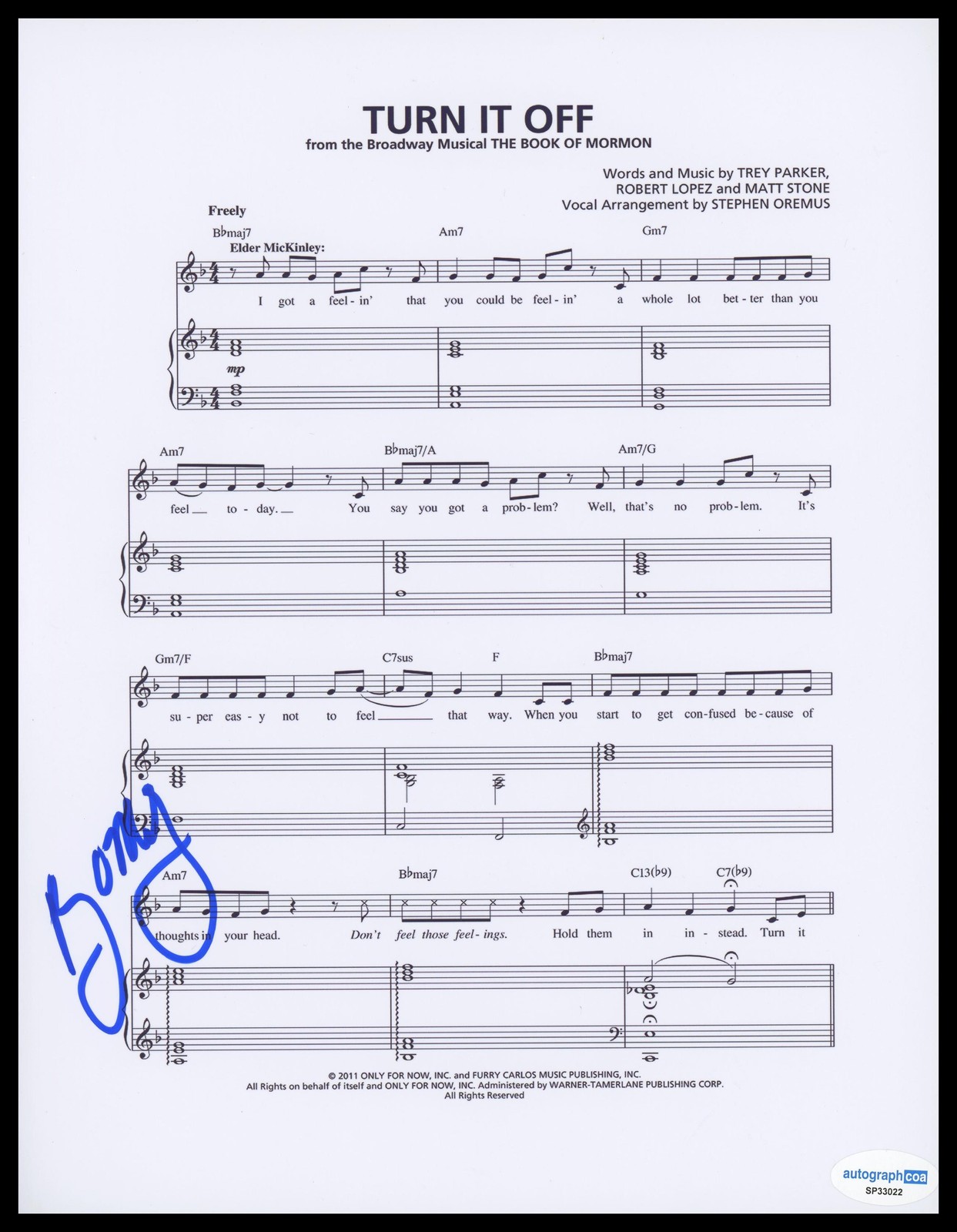 Rory O’Malley “The Book of Mormon” SIGNED ‘Turn It Off’ 8.5×11 Sheet Music ACOA