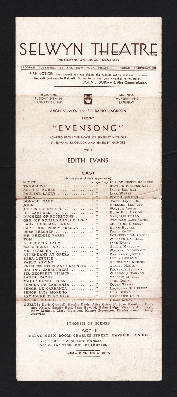 Edith Evans “EVENSONG” Jane Wyatt / Owen Davis, Jr. 1933 FLOP Opening Broadside