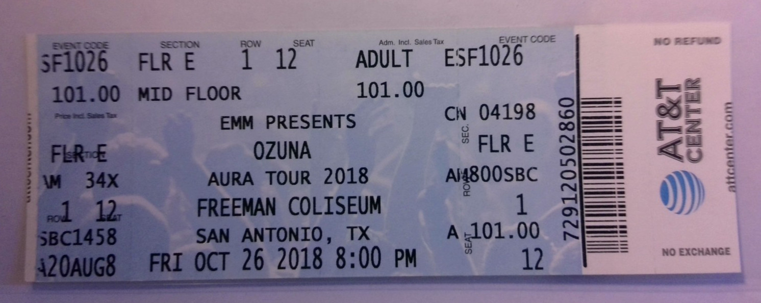 Ozuna Concert Ticket Stub – FRONT ROW! Aura Tour 2018