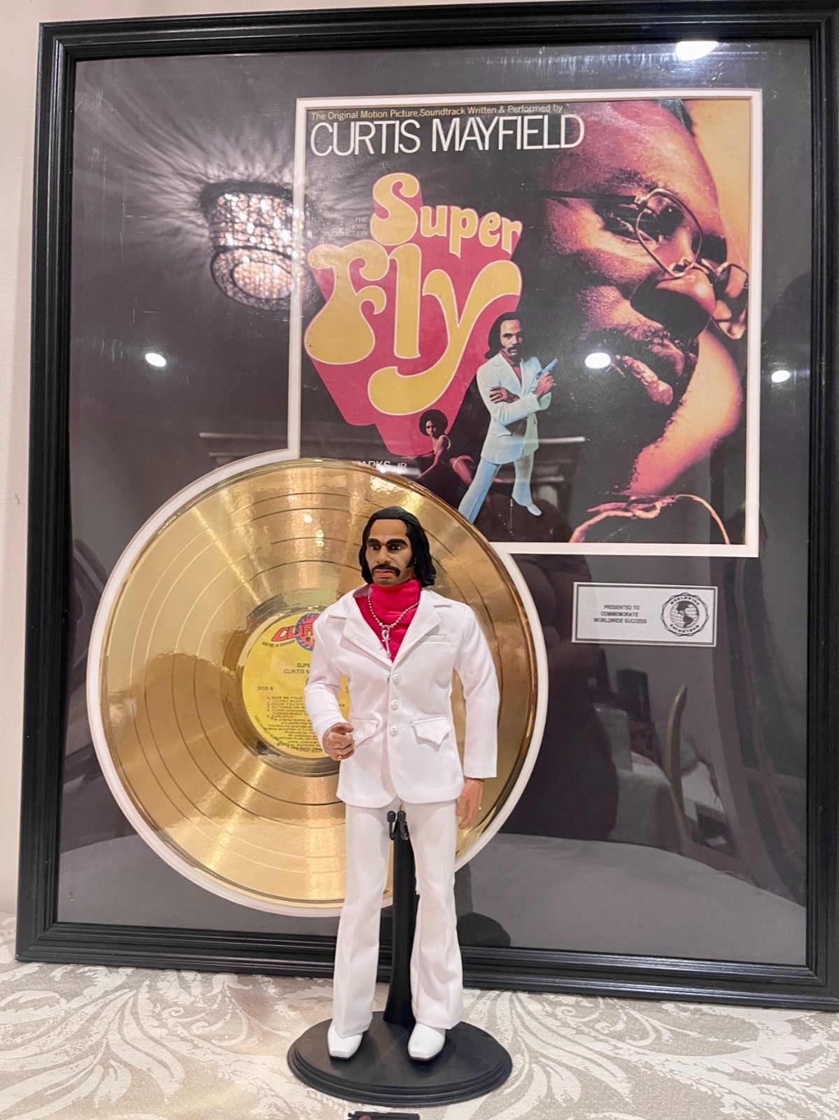 PRISTINE Superfly Gold LP Record Plaque Display(Curtis Mayfield) & Action Figure