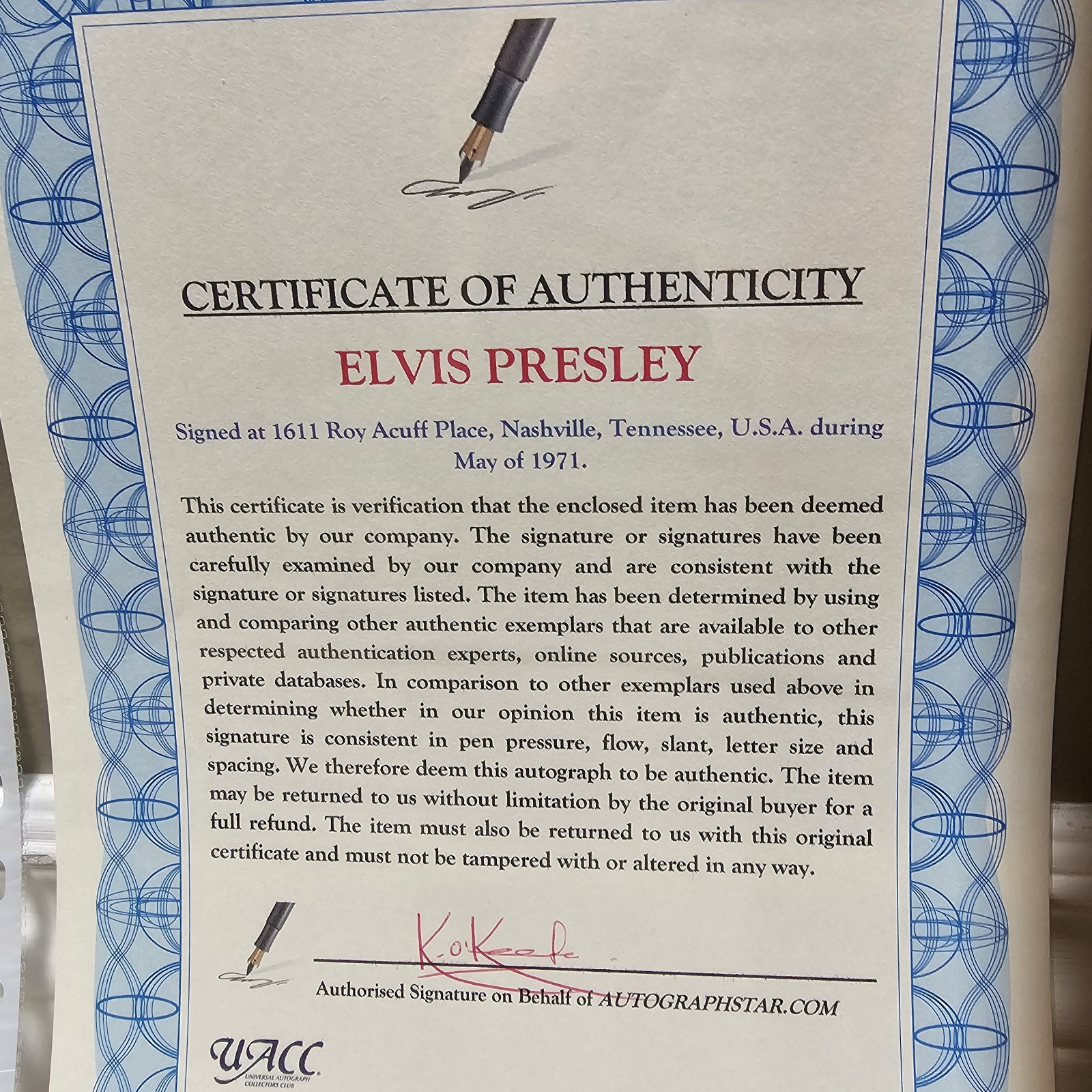 ELVIS PRESLEY Authentic Hand Signed Autograph -COA -Framed