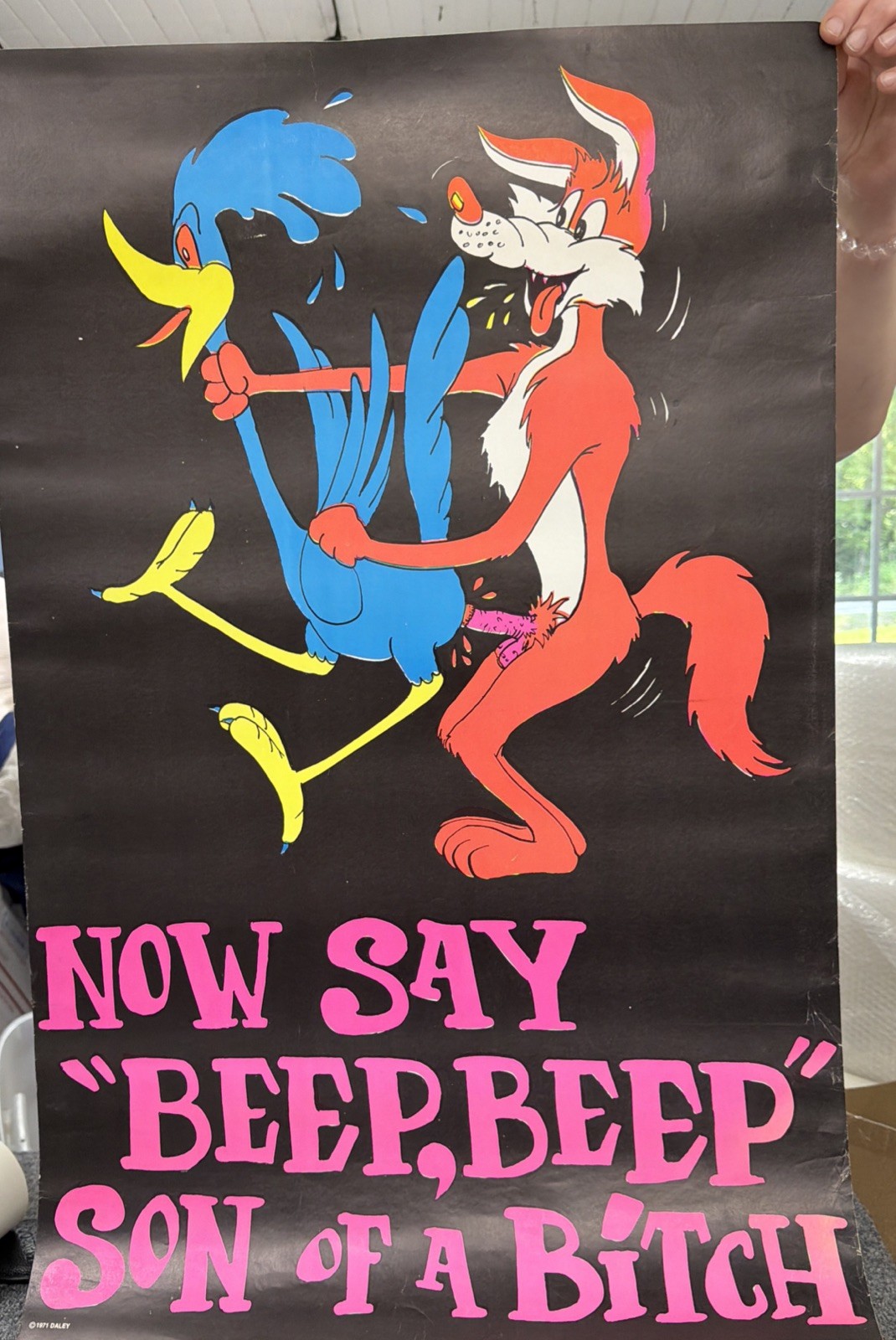 Wile E Coyote Screws Roadrunner 1971 DALEY Blacklight Poster VINTAGE 22×34
