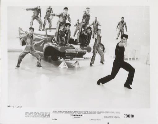 “GREASE”-ORIGINAL PHOTO-JOHN TRAVOLTA-DANCING-CAST-CLASSIC CAR-ON STAND