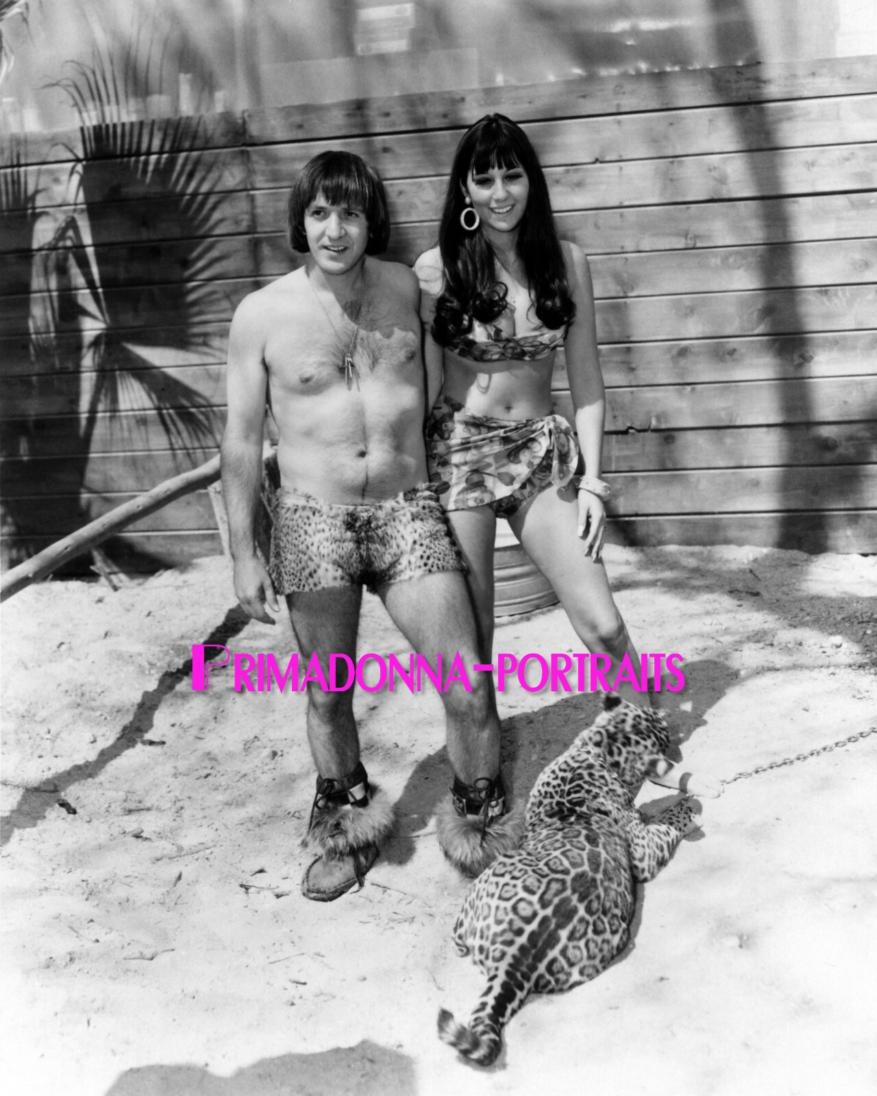 SONNY BONO & CHER 8X10 Lab Photo B&W 1960s Adorable Couple Leopard Portrait