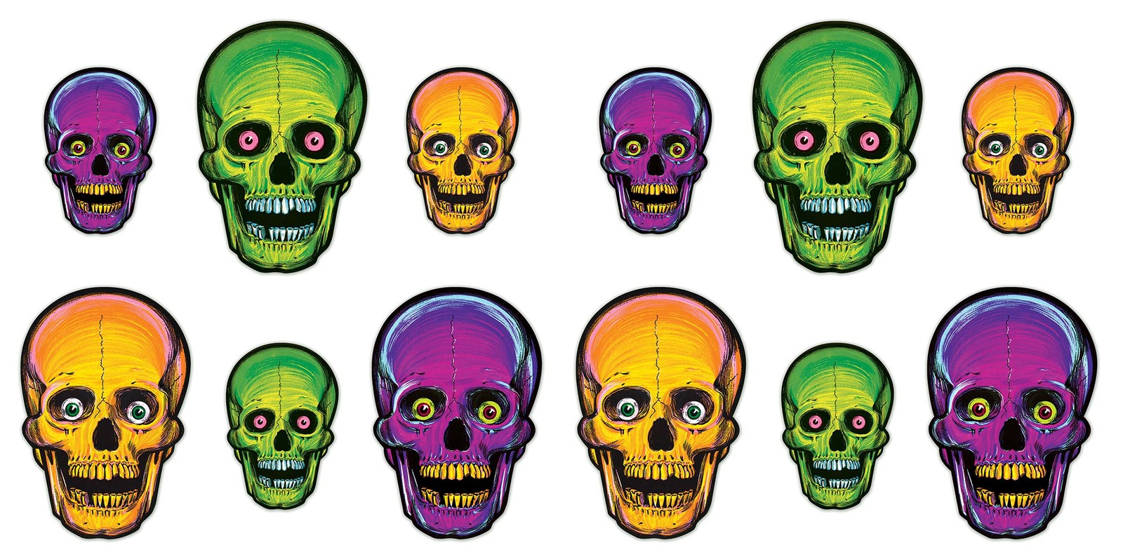 Halloween Skull Cutouts Glow Vintage Assorted Sizes 12 Piece 8.5 12.75 Inch