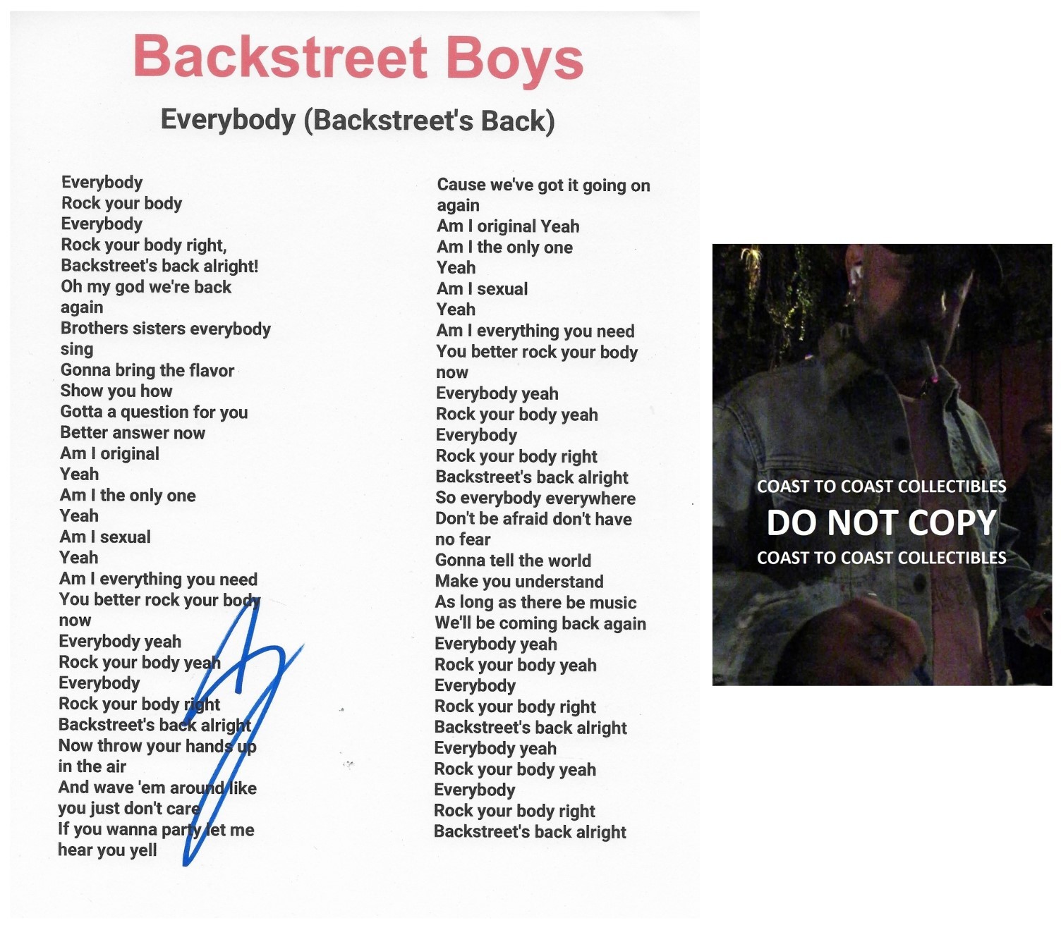 AJ McLean Signed Backstreet Boys Everybody Lyrics Sheet COA Proof Autographed