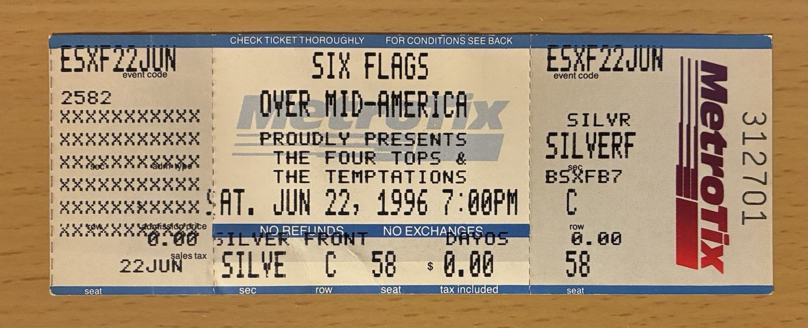 1996 THE FOUR TOPS & THE TEMPTATIONS SIX FLAGS ST. LOUIS CONCERT TICKET STUB C58