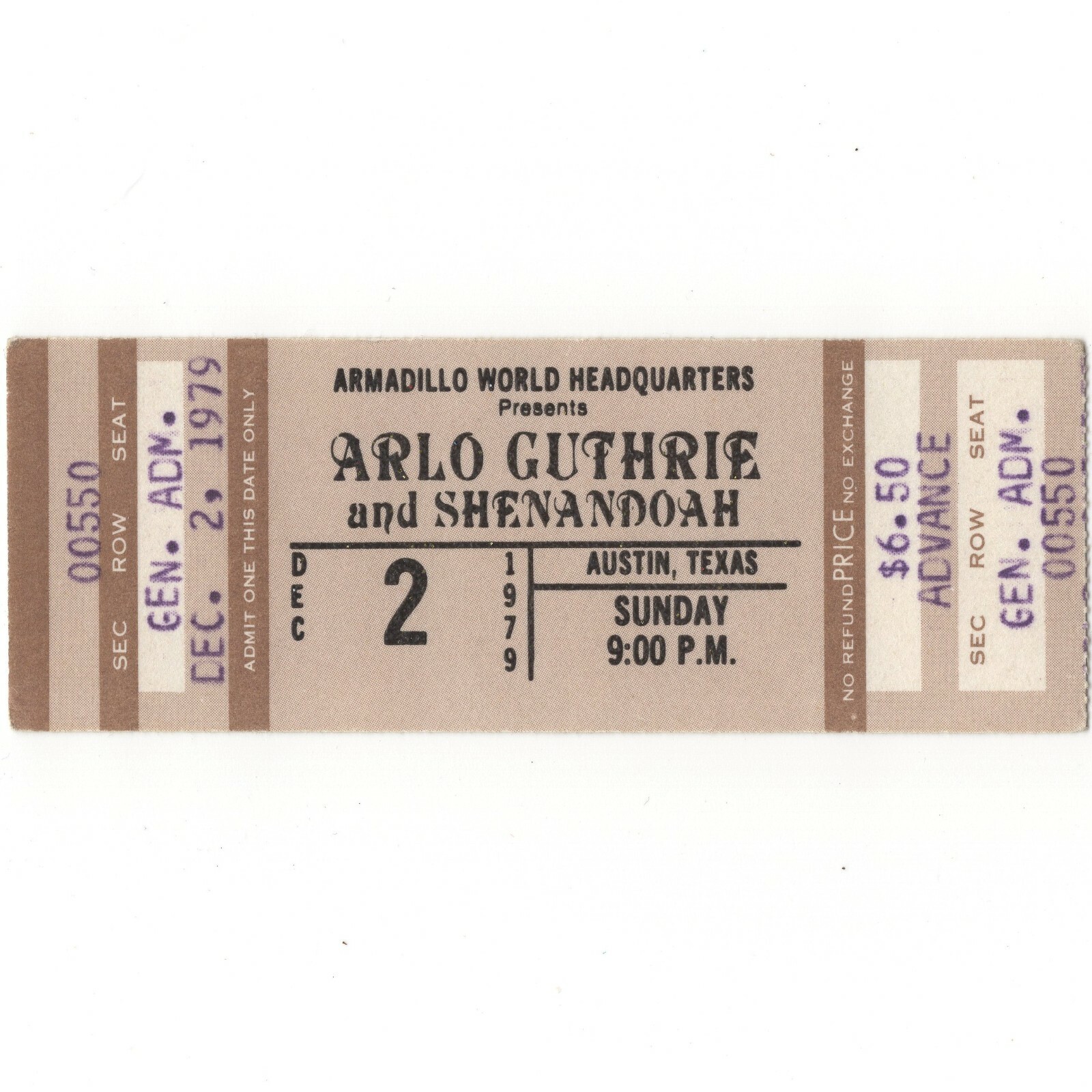 ARLO GUTHRIE & SHENANDOAH Concert Ticket Stub AUSTIN 12/2/79 ALICE’S RESTAURANT