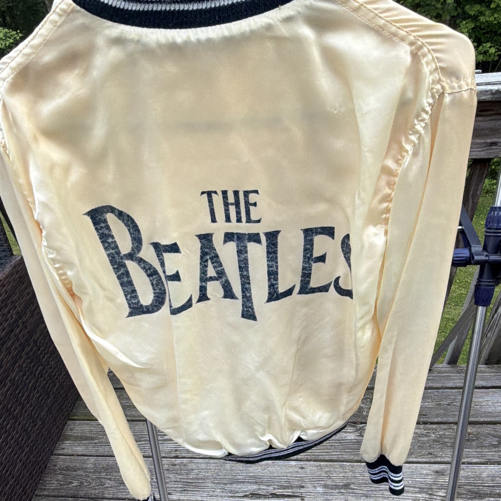 The Beatles Satin Snap-Front Jacket Cream/Off-White w/ Black Ribbed Trim