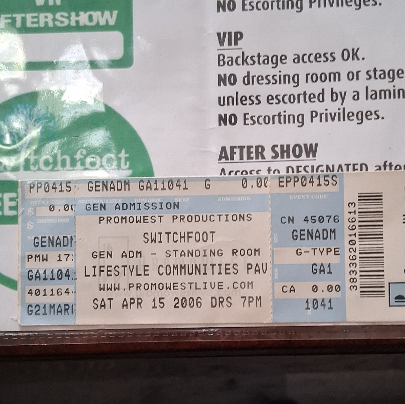 Switchfoot 2006 Pass Sheet & Show Paperwork w/ Ticket Stub + Food Notes