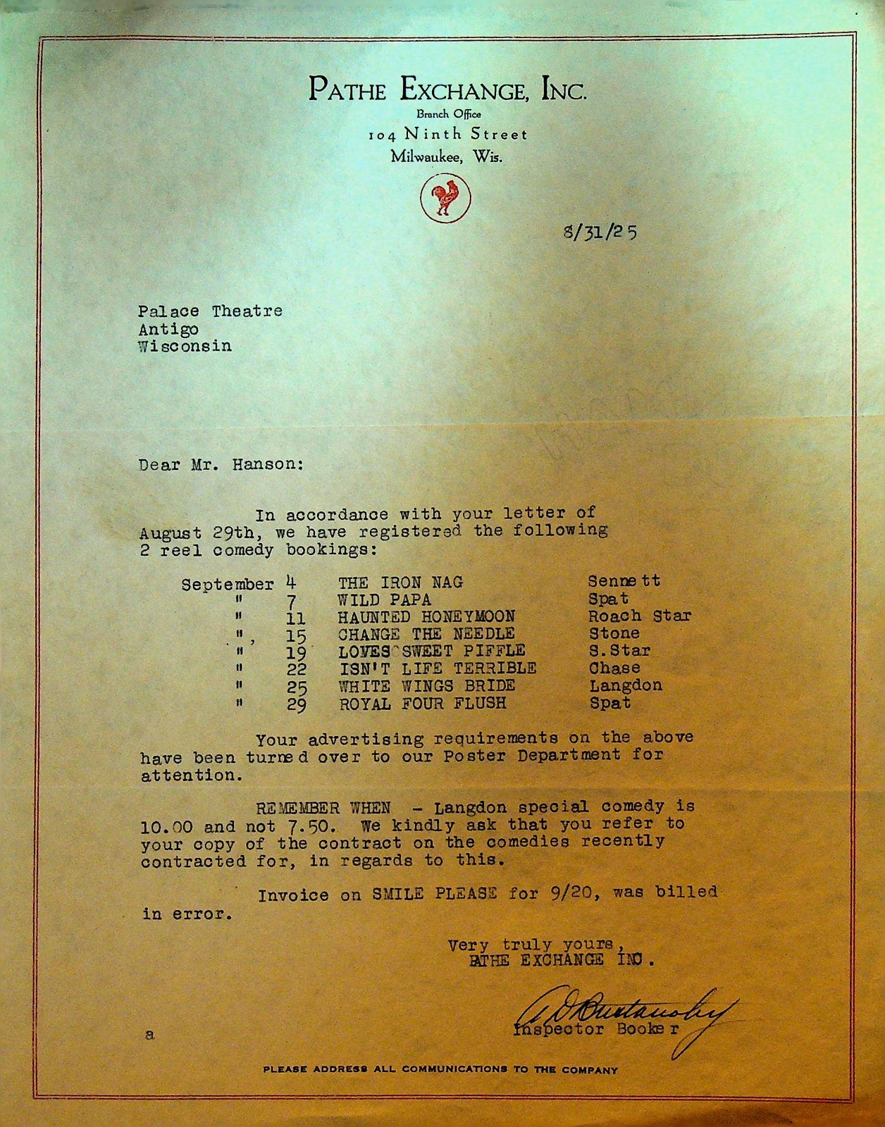 Pathe Exchange Letterhead August 31 1925 Haunted Honeymoon Iron Nag Wild Papa