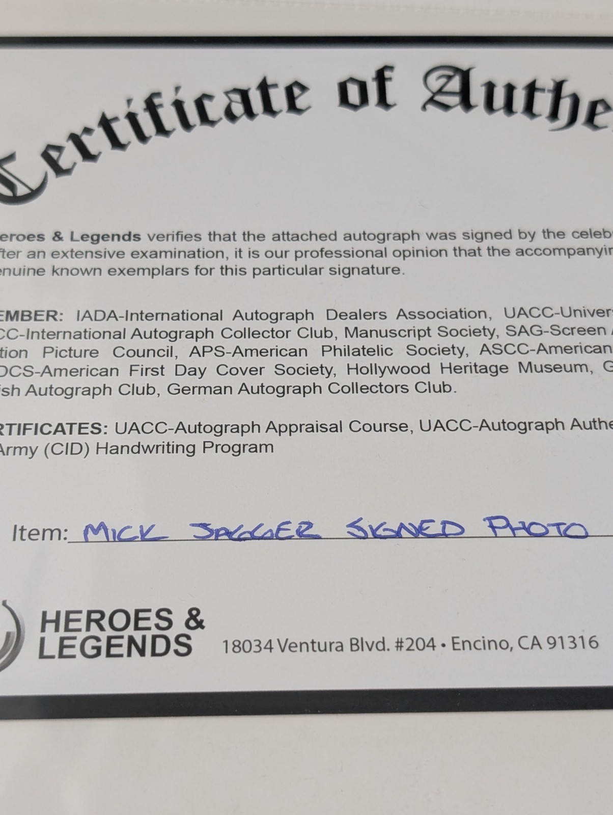 Mick Jagger Authentic Signed Photo – Rolling Stones – Heroes & Legends COA Myron