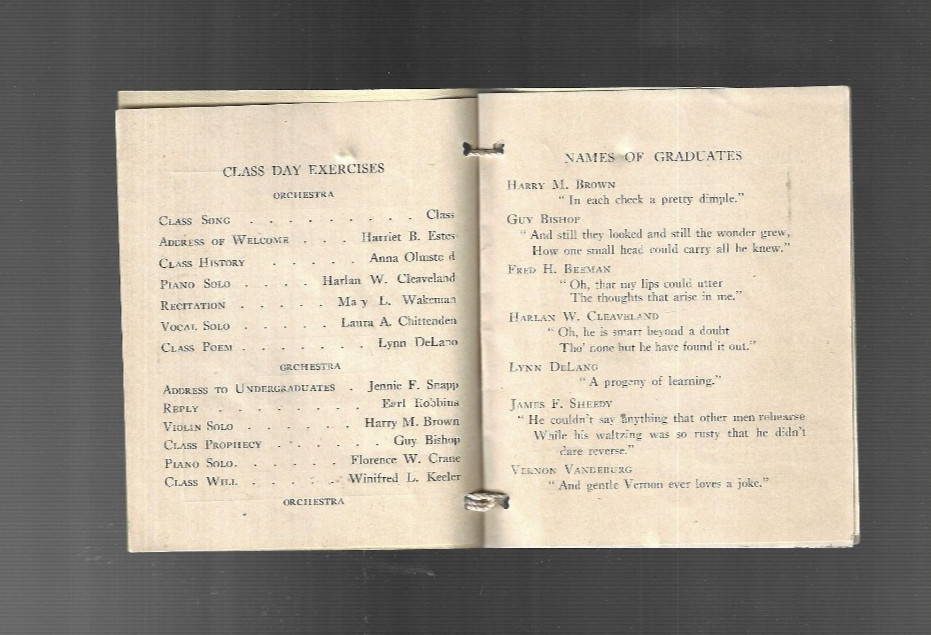 OLD UNION ENDICOTT HIGH SCHOOL GRADUATING CLASS BOOKLET June 1906 JENNIE F SNAPP