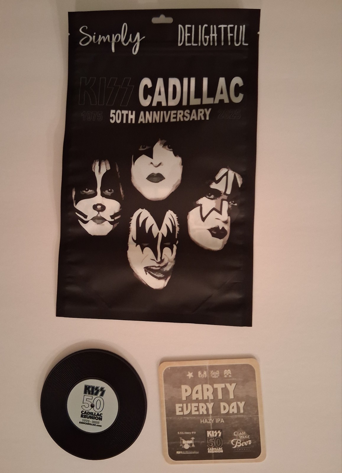 Kiss Cadillac 50th Anniversary Coasters And Sealed Empty Popcorn Bag