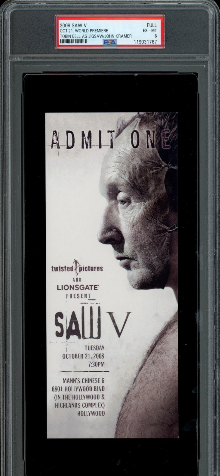 SAW V / 2008 World Premiere Screening Movie Ticket, splatter horror film, PSA 6