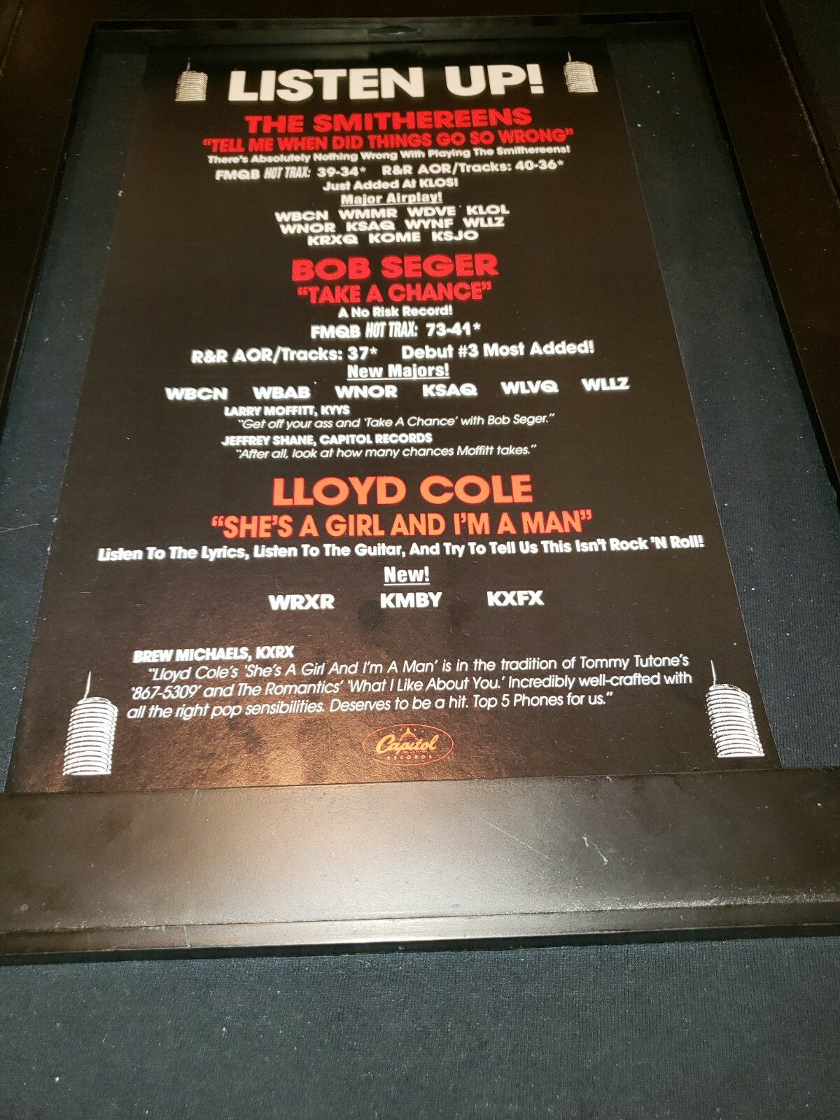Bob Seger/Smithereens/Lloyd Cole Rare Original Radio Promo Poster Ad Framed #2