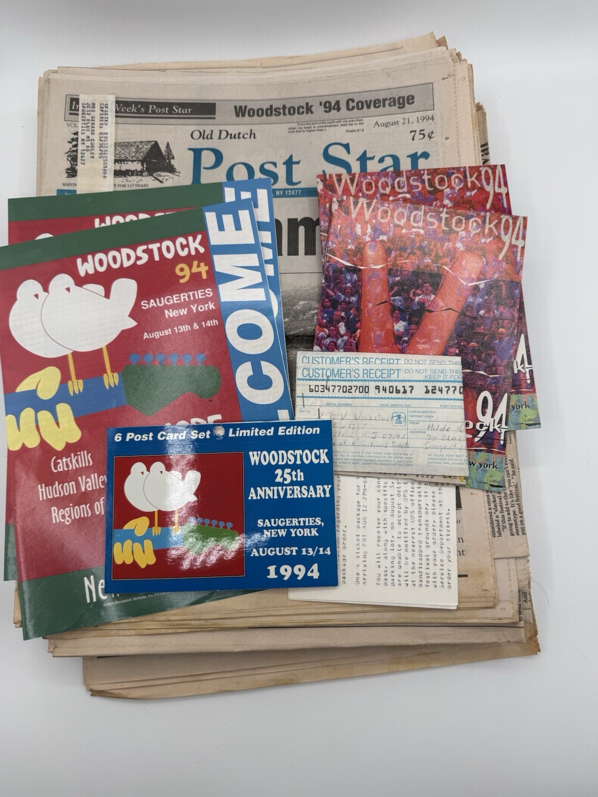 25th Anniversary Woodstock Memorabilia – Newspaper/Guides/Postcards/Receipts