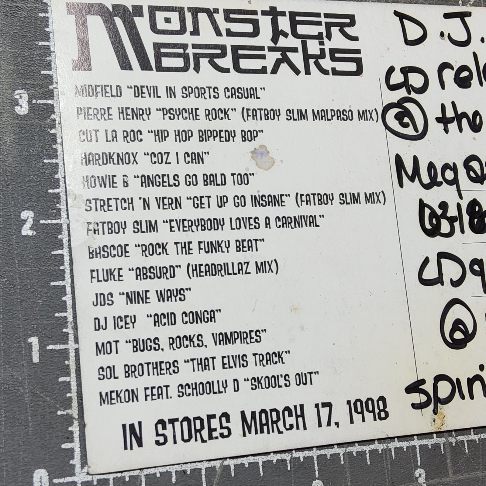 Monster breaks Postcard 1998 virgin mega store promo card 6×4 live performance