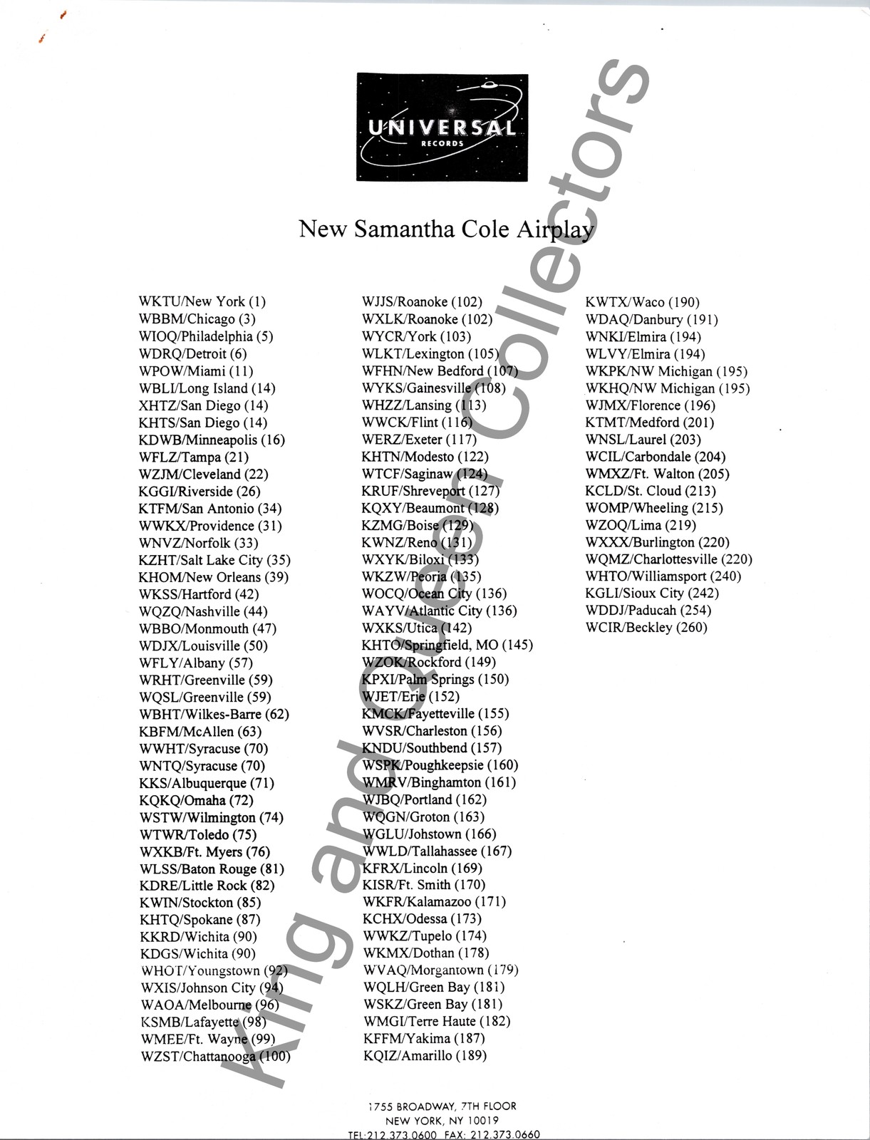 Samantha Cole Original Universal Records Press Kit Promotional Sheet