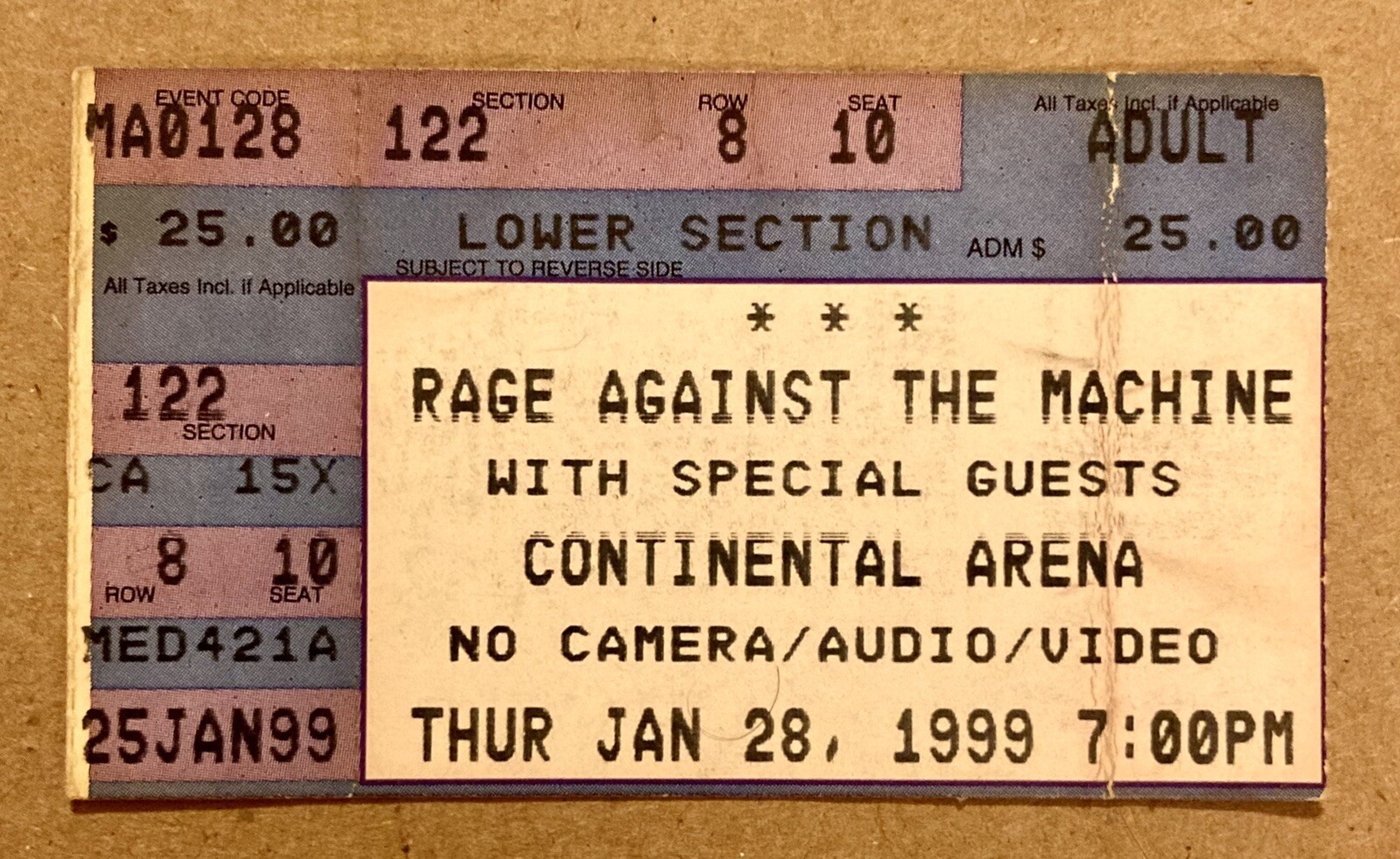 RAGE AGAINST THE MACHINE VINTAGE 99 TICKET STUB 1/28/99 CONTINENTAL ARENA NJ