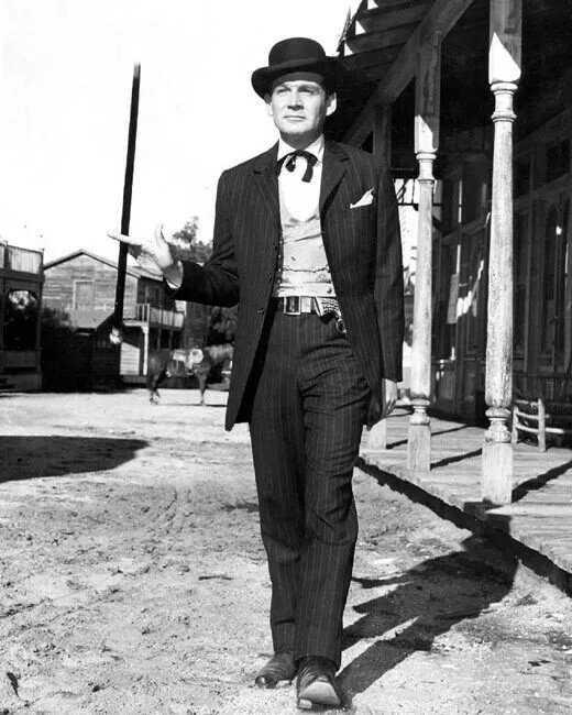 Gene Barry As Bat Masterson In Black Derby Hat Holding Cane In Town 8×10 PHOTO