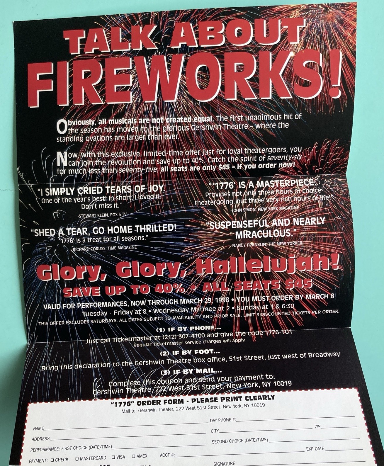 4 Panel Flyer / Mailer 1776 Revival Flyer 9”X4” Broadway Gershwin Theatre Color