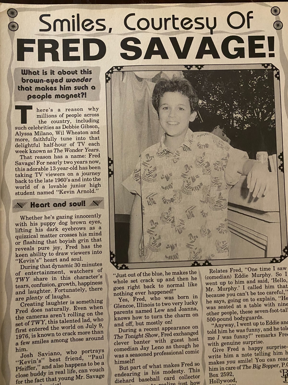 Fred Savage, The Wonder Years, Full Page Vintage Clipping, c
