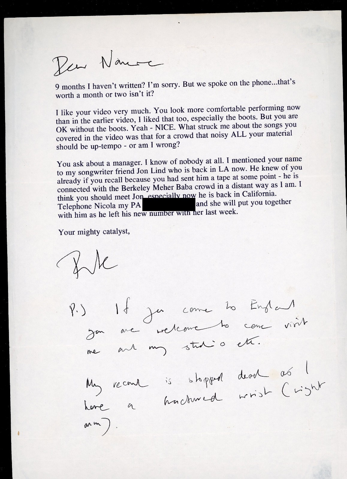 The Who – Pete Townshend – 1991 Handwritten & Signed Letter