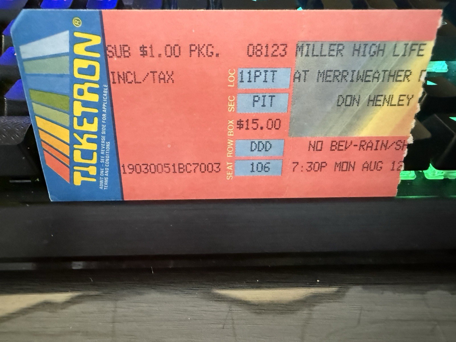 Don Henley Authentic Ticket Stub 4th Row Pit Merriweather Post Scarce Look 8/85