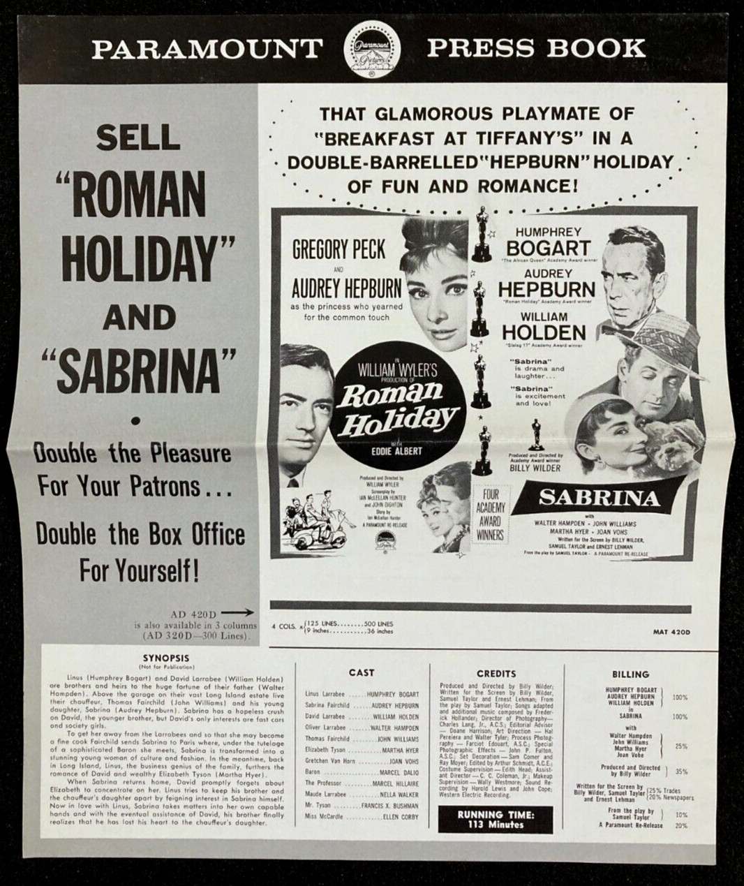 ROMAN HOLIDAY & SABRINA Orig Movie Pressbook Audrey Hepburn Comedy Romance r60s