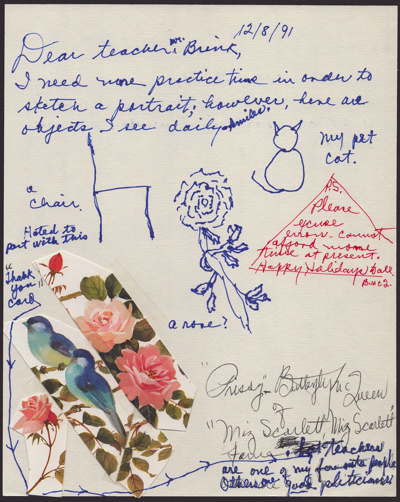 BUTTERFLY McQUEEN – ORIGINAL ART ON AUTOGRAPH LETTER SIGNED 12/08/1991