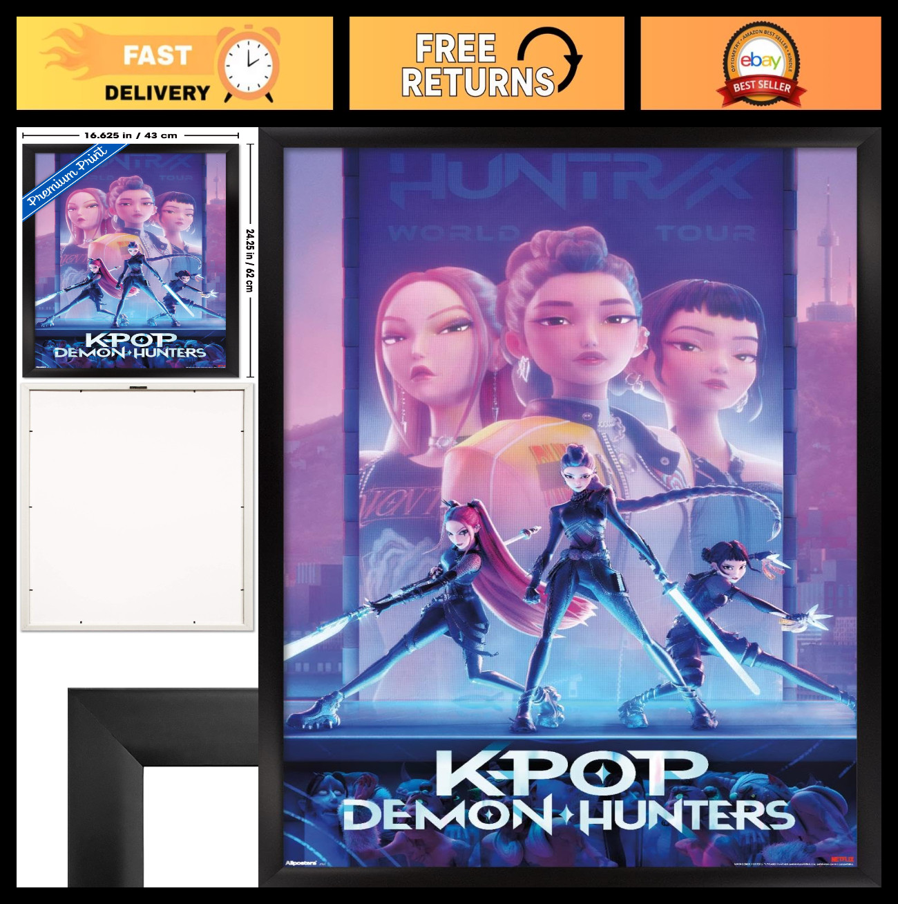 K-Pop Demon Hunters Wall Poster 22.4″ x 14.7″ – Black Framed Art Print Decor