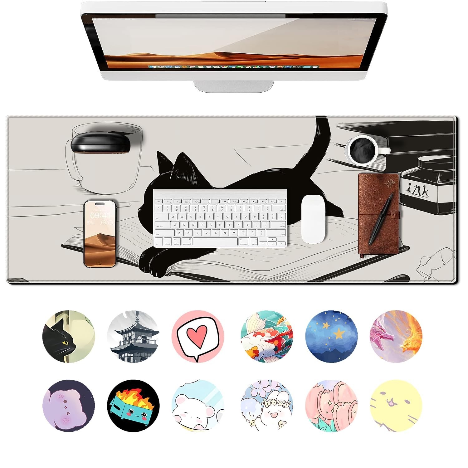 Cute Anime Black Cat Gaming Mouse Pad Large Cartoon Desk Mat, 31.5×11.8 Inch …