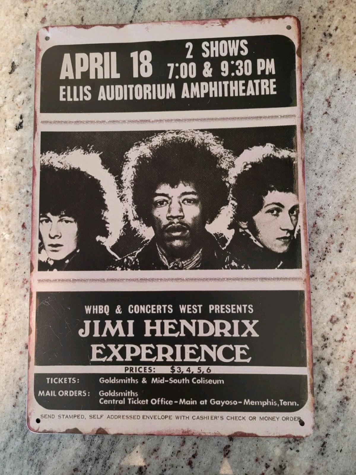 Jimi Hendrix Experience Memphis Ellis Auditorium Metal Sign 12″X8” Rare