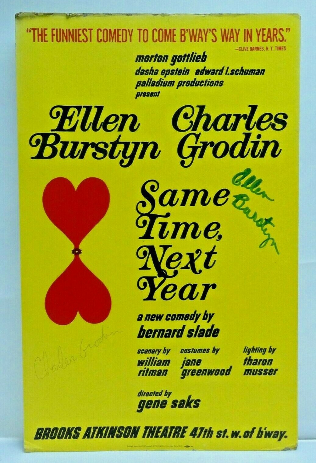 Charles Grodin Ellen Burstyn Same Time Next Year Signed Broadway Window Card