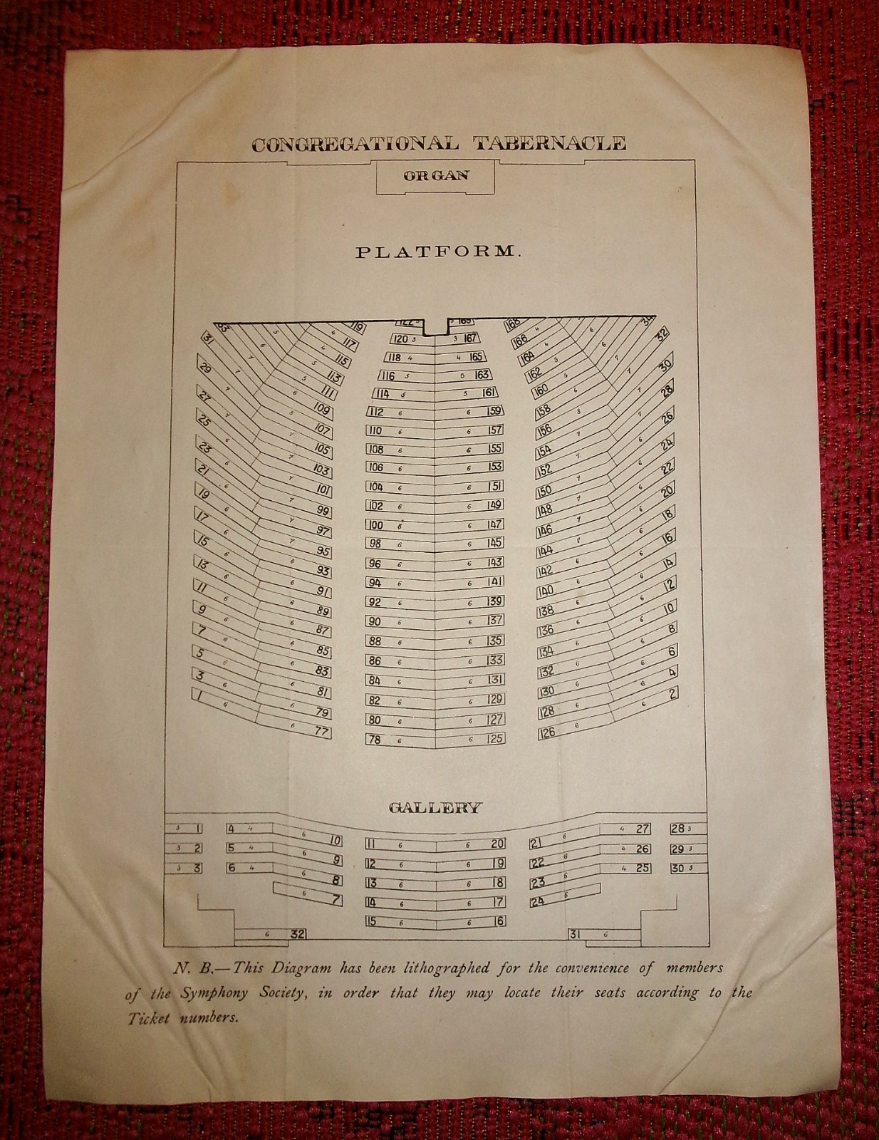 Congregational Tabernacle Symphony Society Jersey City 1880s Seating Chart RARE