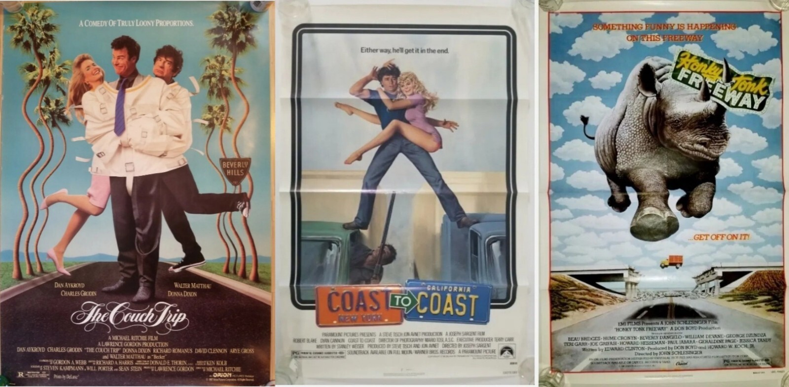Lot of 3 Vintage 1980s One-Sheets COUCH TRIP. COAST TO COAST. HONKY TONK FREEWAY