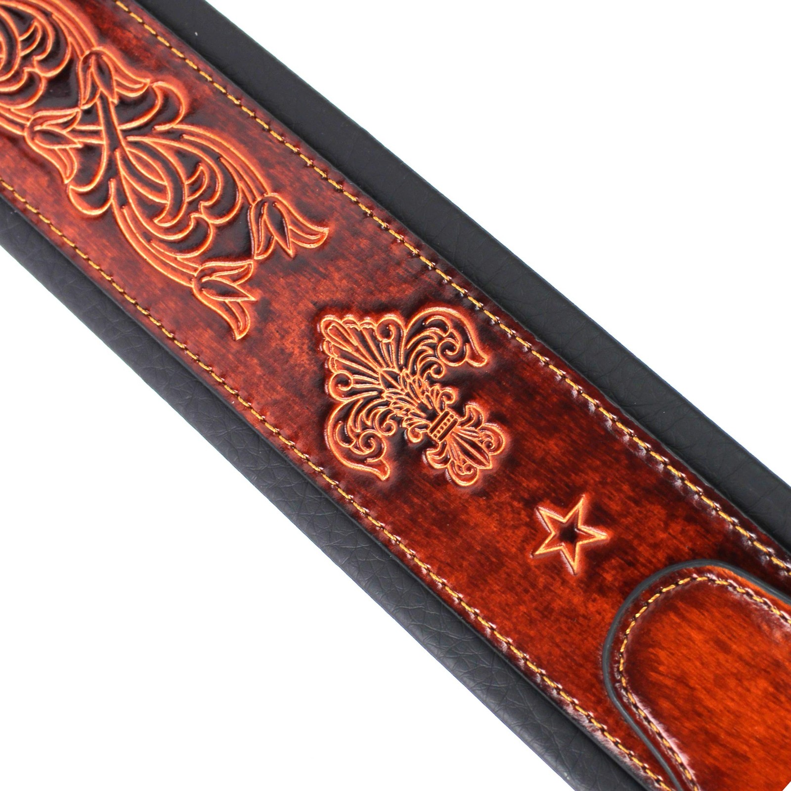 Walker And Williams GB-22 Bourbon Brown Padded Guitar Strap with Fleur De Lis…