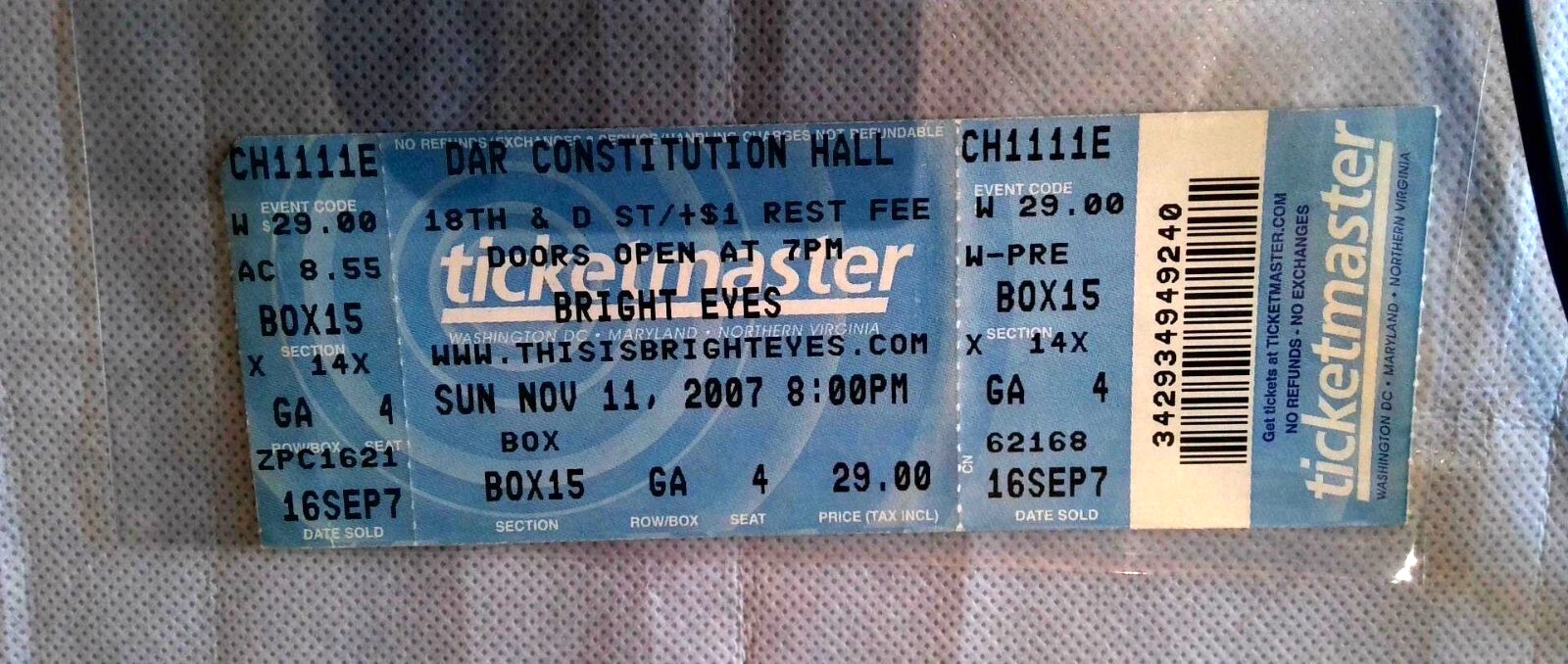 Bright Eyes “Cassadaga” Tour Concert Ticket Stub – Nov 11, 2007