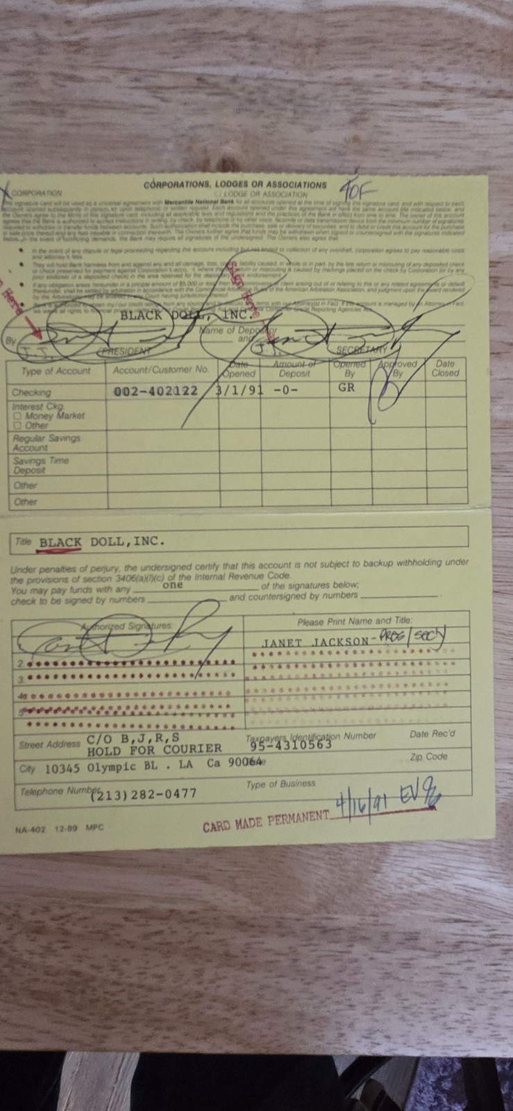 Janet Jackson hand signed Contract for a bank account 1991 PSA/DNA COA