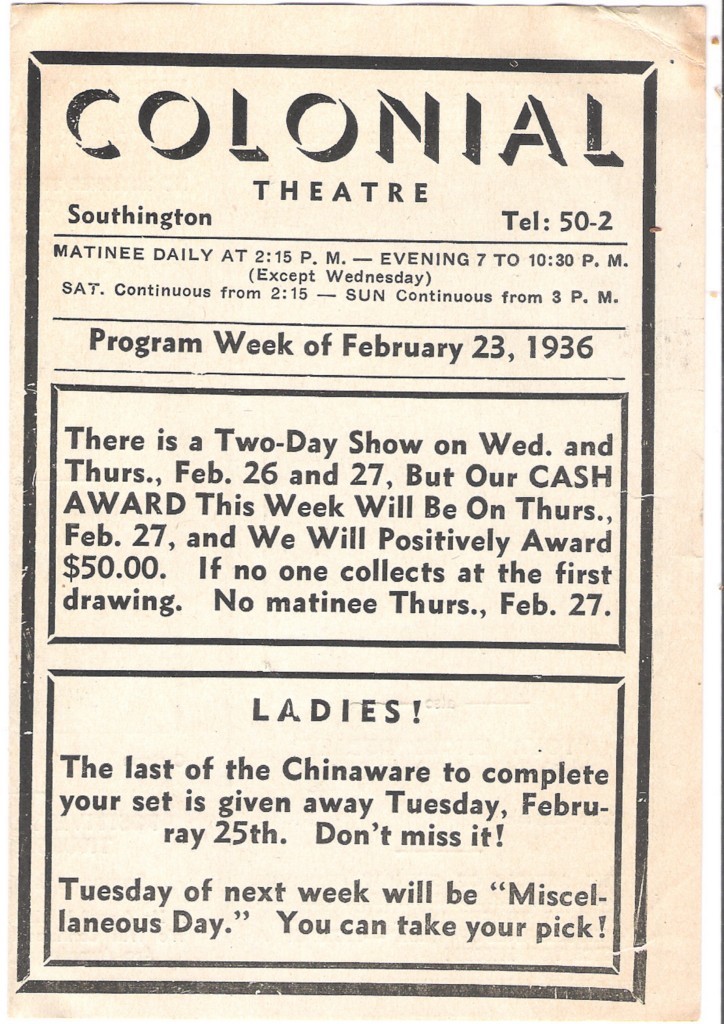 1936 COLONIAL THEATRE PROGRAM, SOUTHINGTON CONNECTICUT 4 1/2 X 6 1/2