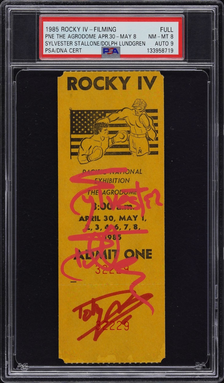 Rocky IV Signed Ticket Sylvester Stallone Dolph Lundgren Autographed PSA 8