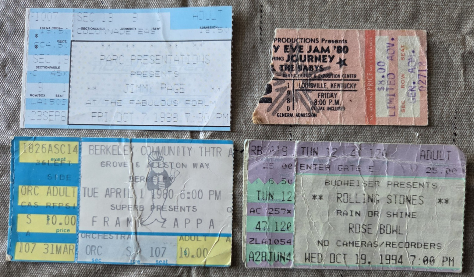1980-94 Lot of 4 Concert Ticket Stubs Journey, Rolling Stones, Zappa, Jimmy Page