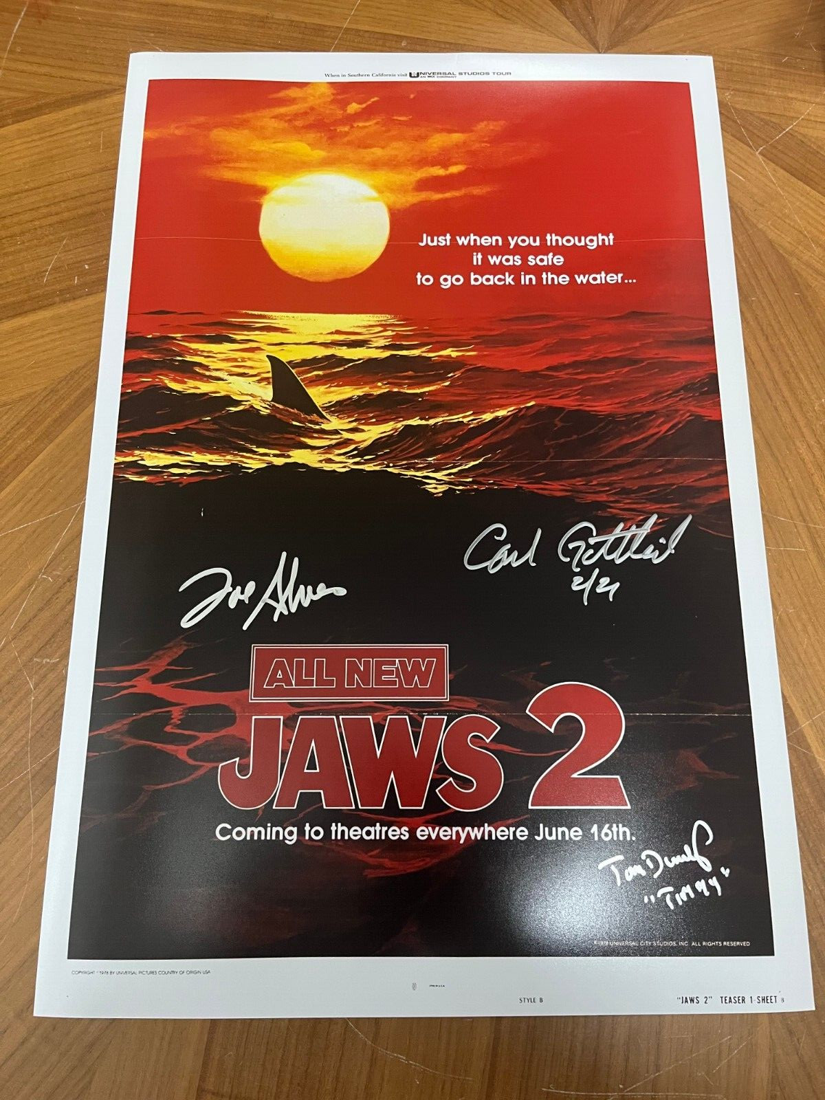 * JAWS 2 * signed 12×18 poster * CARL GOTTLIEB, JOE ALVES & TOM DUNLOP * 11