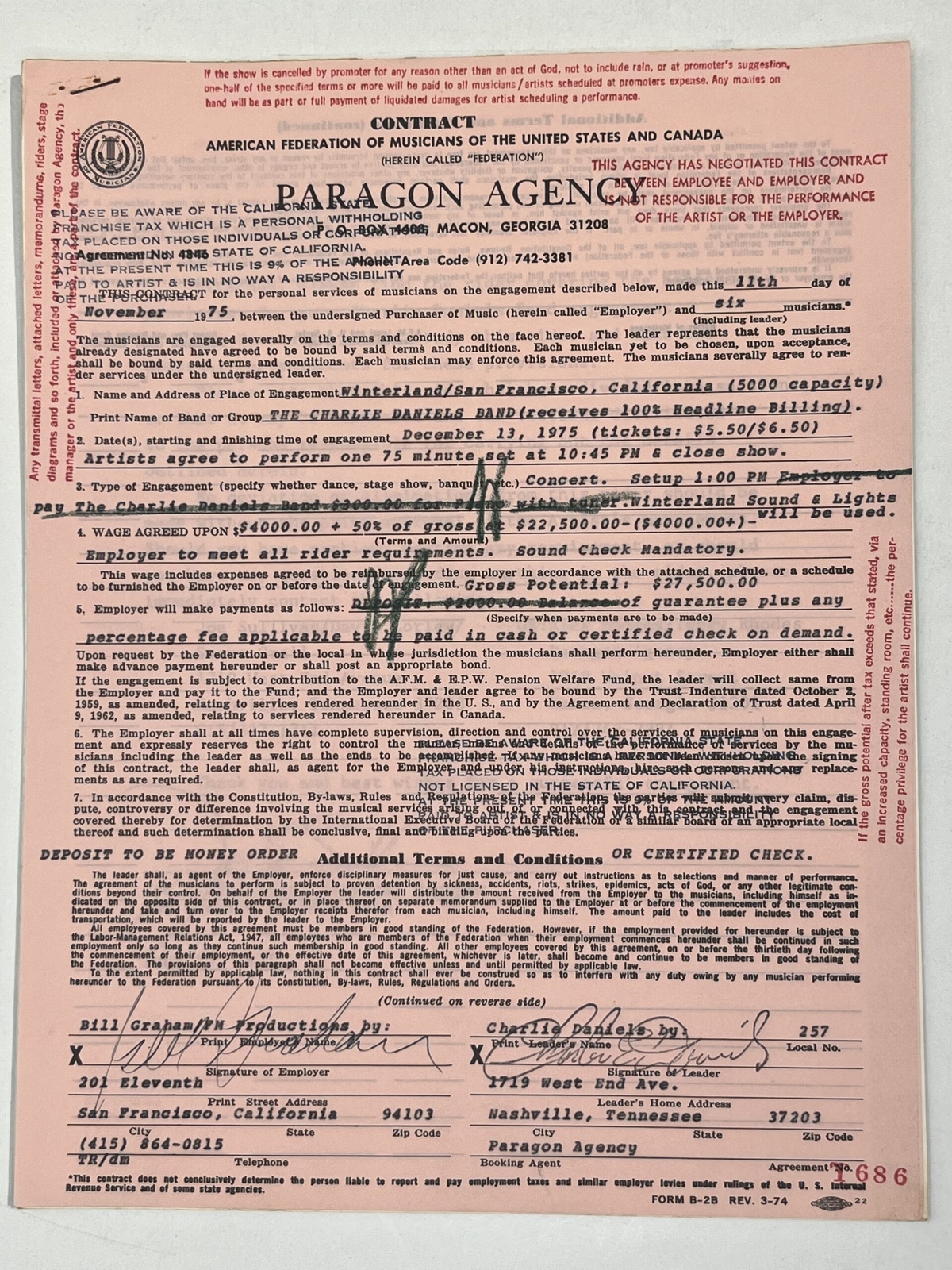 The Charlie Daniels Band Concert Contract 1975 San Francisco CA