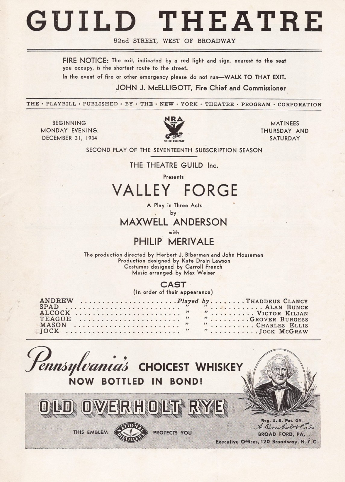 Maxwell Anderson “VALLEY FORGE” Philip Merivale / Reginald Mason 1934 Playbill
