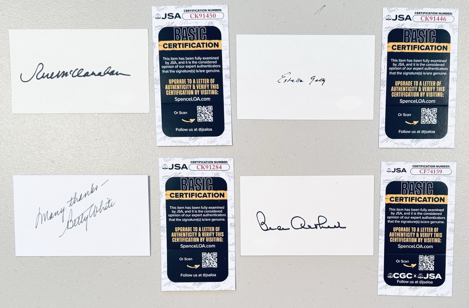 Golden Girls Signed Autographed Complete Cast 3×5 Index Card Set X4 JSA Cert