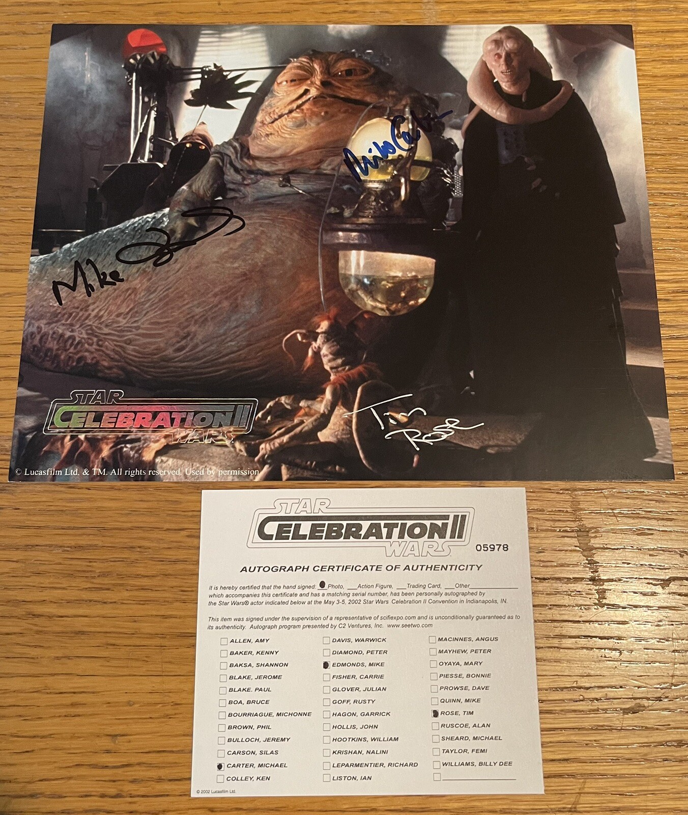Tim Rose, Michael Carter, Mike Edmonds Signed Star Wars 8×10 Celebration 2 Photo