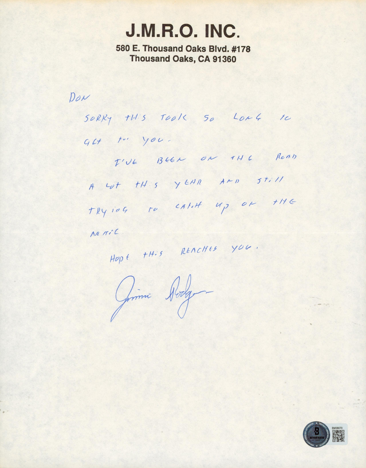 Jimmie Rogers Musician Authentic Signed 8.5×11 Handwritten Letter BAS #BM38070